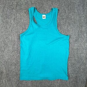 Vintage Le Tigre Tank Top Mens Large Teal Blue Racerback Made in USA 80s 90s